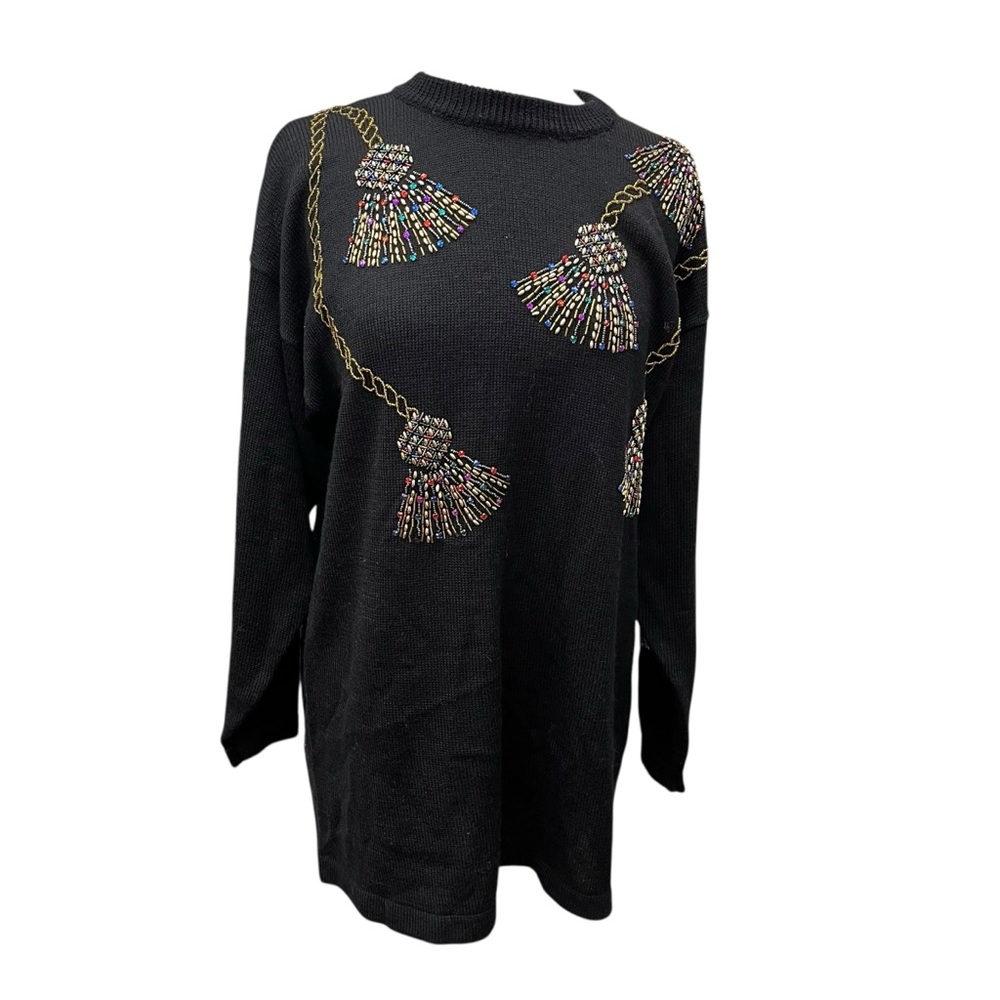 Vintage 80s Black Beaded Women's Top Climax by Sacha, Black wool blend Size L